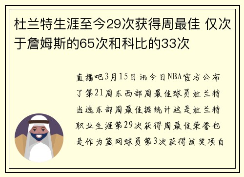 杜兰特生涯至今29次获得周最佳 仅次于詹姆斯的65次和科比的33次